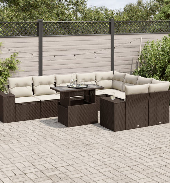 10-tlg. Garten-Sofagarnitur mit Kissen Braun Poly Rattan