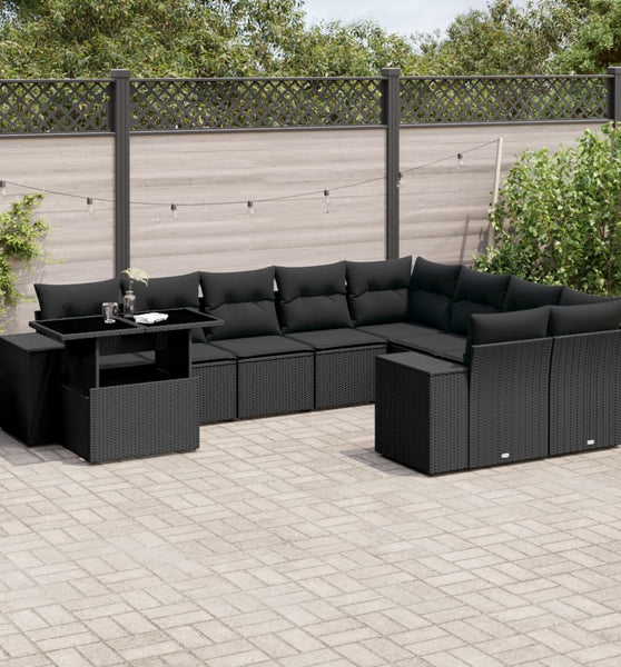 10-tlg. Garten-Sofagarnitur mit Kissen Schwarz Poly Rattan