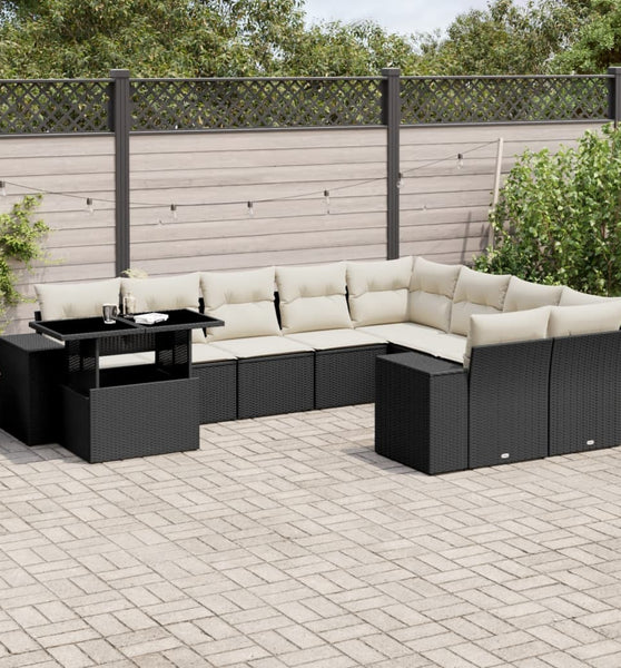 10-tlg. Garten-Sofagarnitur mit Kissen Schwarz Poly Rattan