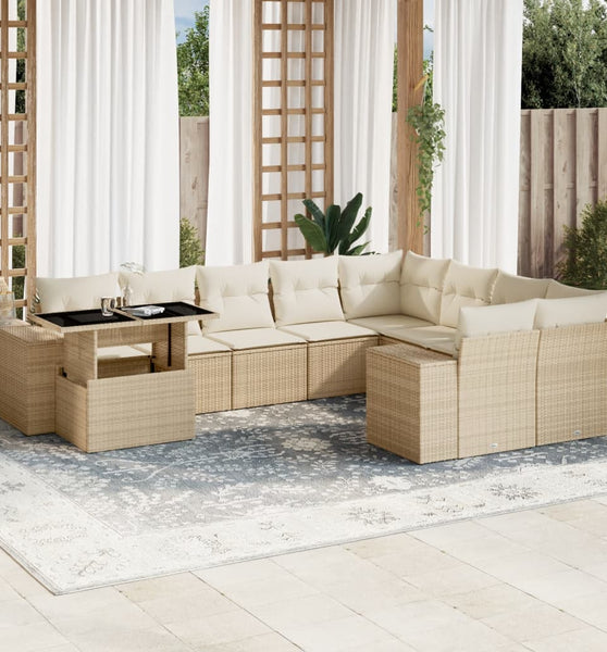 10-tlg. Garten-Sofagarnitur mit Kissen Beige Poly Rattan