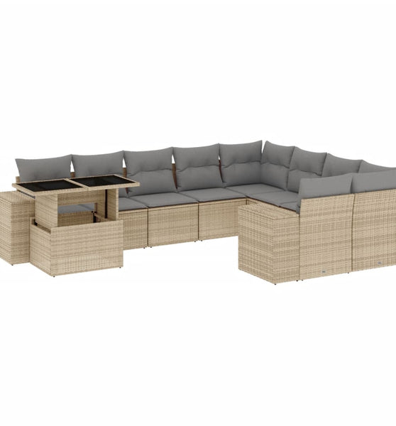10-tlg. Garten-Sofagarnitur mit Kissen Beige Poly Rattan