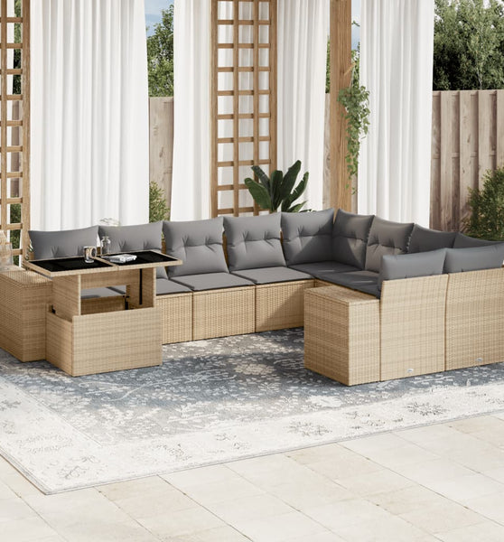 10-tlg. Garten-Sofagarnitur mit Kissen Beige Poly Rattan