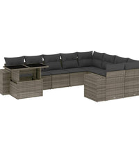 10-tlg. Garten-Sofagarnitur mit Kissen Grau Poly Rattan