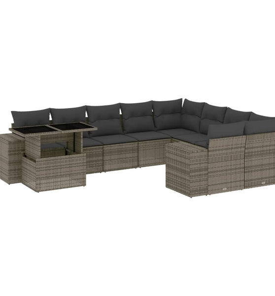 10-tlg. Garten-Sofagarnitur mit Kissen Grau Poly Rattan