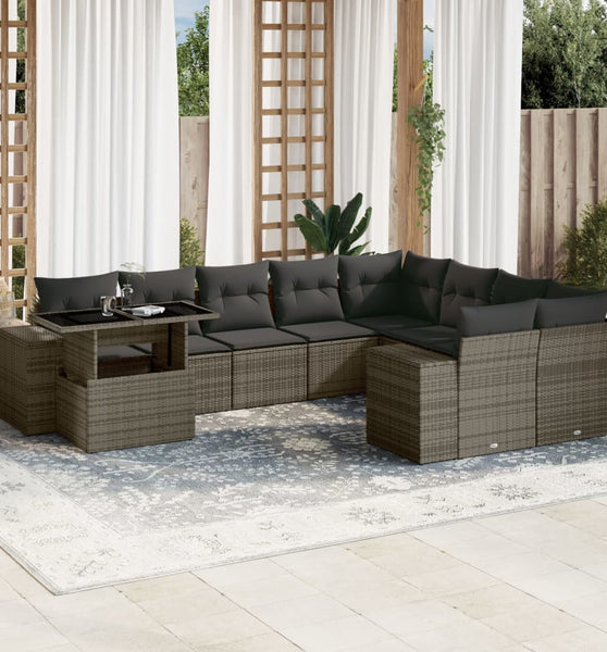 10-tlg. Garten-Sofagarnitur mit Kissen Grau Poly Rattan