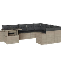 10-tlg. Garten-Sofagarnitur mit Kissen Hellgrau Poly Rattan