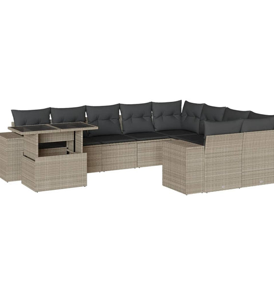 10-tlg. Garten-Sofagarnitur mit Kissen Hellgrau Poly Rattan