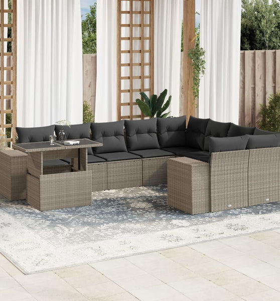 10-tlg. Garten-Sofagarnitur mit Kissen Hellgrau Poly Rattan