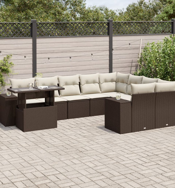 10-tlg. Garten-Sofagarnitur mit Kissen Braun Poly Rattan