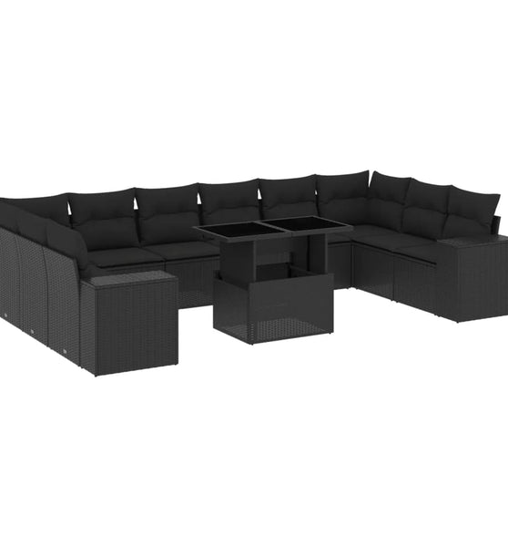 11-tlg. Garten-Sofagarnitur mit Kissen Schwarz Poly Rattan