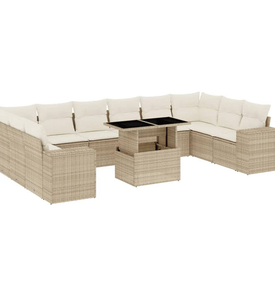 11-tlg. Garten-Sofagarnitur mit Kissen Beige Poly Rattan