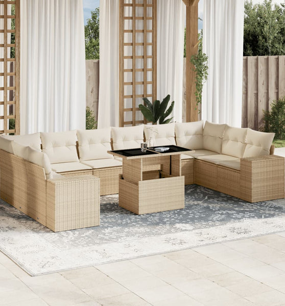 11-tlg. Garten-Sofagarnitur mit Kissen Beige Poly Rattan