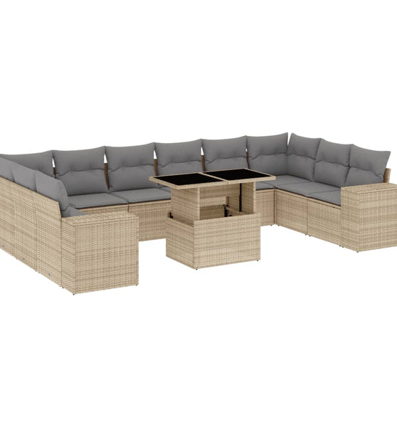 11-tlg. Garten-Sofagarnitur mit Kissen Beige Poly Rattan