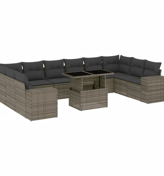 11-tlg. Garten-Sofagarnitur mit Kissen Grau Poly Rattan