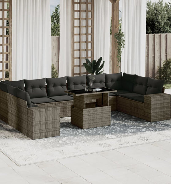 11-tlg. Garten-Sofagarnitur mit Kissen Grau Poly Rattan