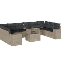 11-tlg. Garten-Sofagarnitur mit Kissen Hellgrau Poly Rattan