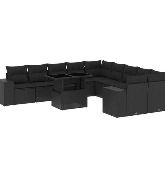 11-tlg. Garten-Sofagarnitur mit Kissen Schwarz Poly Rattan