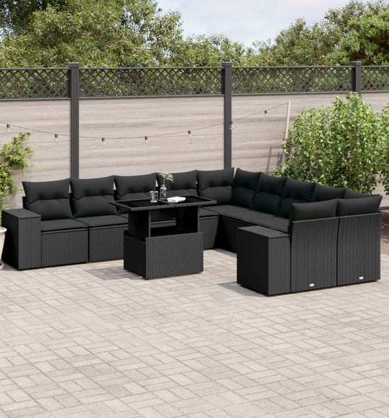 11-tlg. Garten-Sofagarnitur mit Kissen Schwarz Poly Rattan