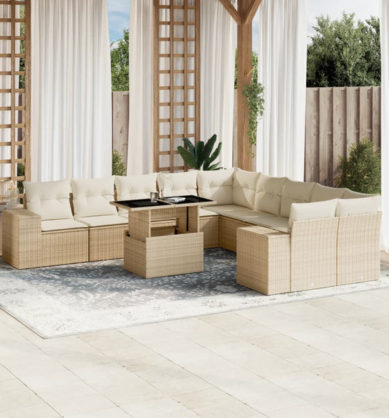 11-tlg. Garten-Sofagarnitur mit Kissen Beige Poly Rattan