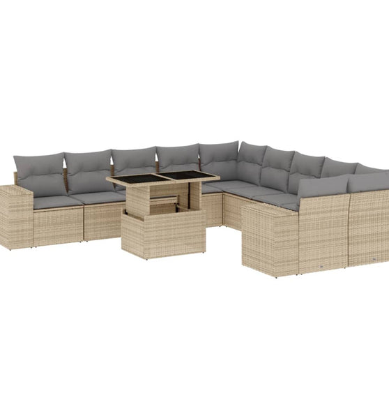 11-tlg. Garten-Sofagarnitur mit Kissen Beige Poly Rattan