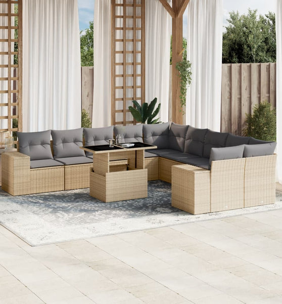 11-tlg. Garten-Sofagarnitur mit Kissen Beige Poly Rattan