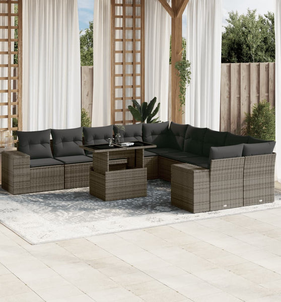 11-tlg. Garten-Sofagarnitur mit Kissen Grau Poly Rattan