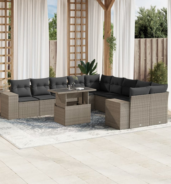 11-tlg. Garten-Sofagarnitur mit Kissen Hellgrau Poly Rattan