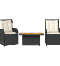 3-tlg. Garten-Lounge-Set mit Kissen Schwarz Poly Rattan