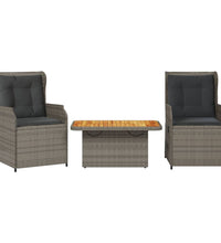 3-tlg. Garten-Lounge-Set mit Kissen Grau Poly Rattan