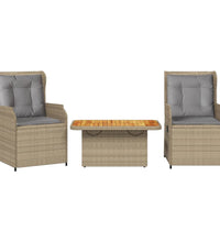 3-tlg. Garten-Lounge-Set mit Kissen Beige Poly Rattan