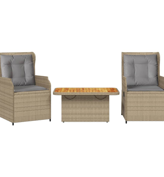 3-tlg. Garten-Lounge-Set mit Kissen Beige Poly Rattan