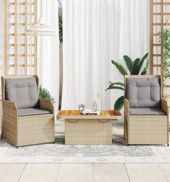 3-tlg. Garten-Lounge-Set mit Kissen Beige Poly Rattan