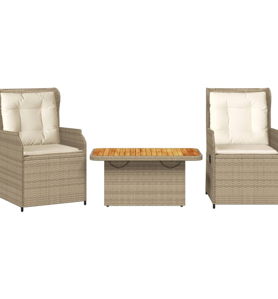 3-tlg. Garten-Lounge-Set mit Kissen Beige Poly Rattan