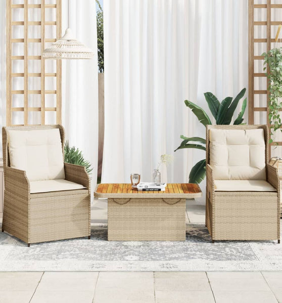3-tlg. Garten-Lounge-Set mit Kissen Beige Poly Rattan