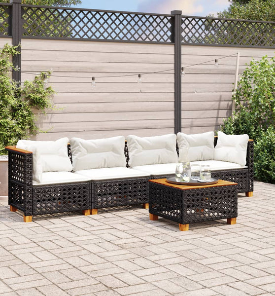 5-tlg. Garten-Sofagarnitur mit Kissen Schwarz Poly Rattan