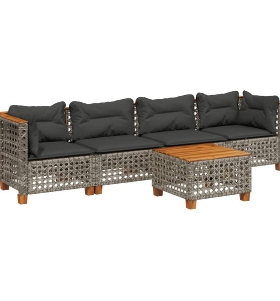 5-tlg. Garten-Sofagarnitur mit Kissen Grau Poly Rattan