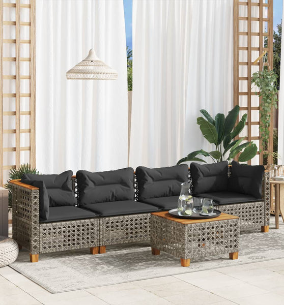 5-tlg. Garten-Sofagarnitur mit Kissen Grau Poly Rattan