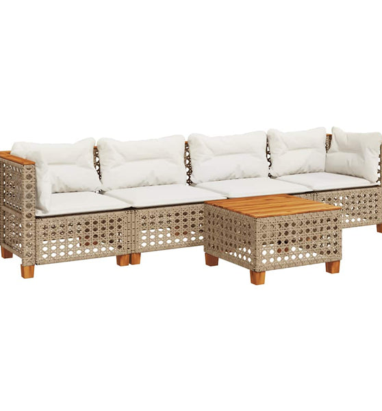 5-tlg. Garten-Sofagarnitur mit Kissen Beige Poly Rattan
