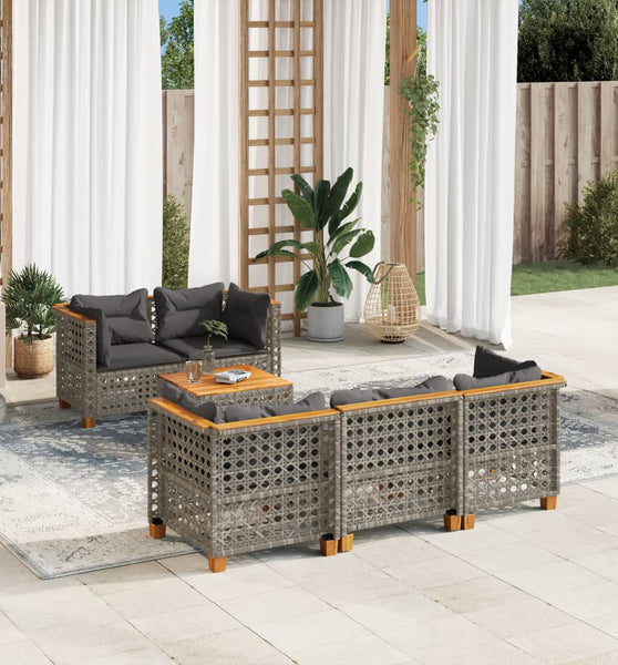 6-tlg. Garten-Sofagarnitur mit Kissen Grau Poly Rattan