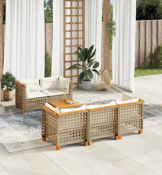 6-tlg. Garten-Sofagarnitur mit Kissen Beige Poly Rattan