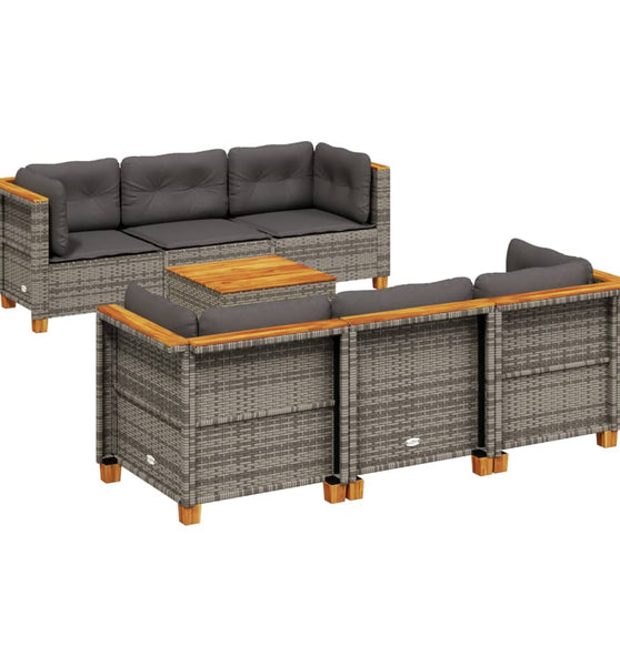 7-tlg. Garten-Sofagarnitur mit Kissen Grau Poly Rattan