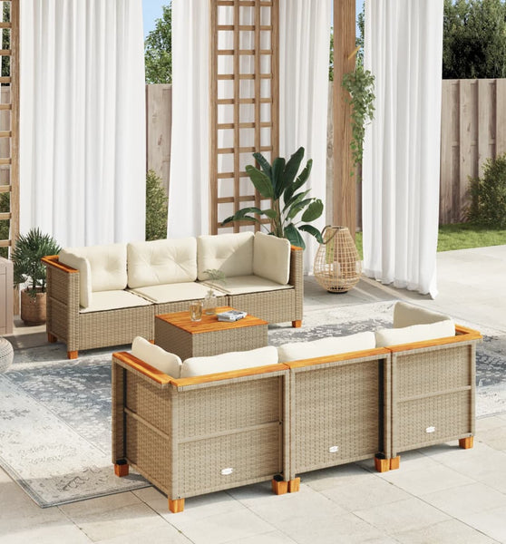 7-tlg. Garten-Sofagarnitur mit Kissen Beige Poly Rattan