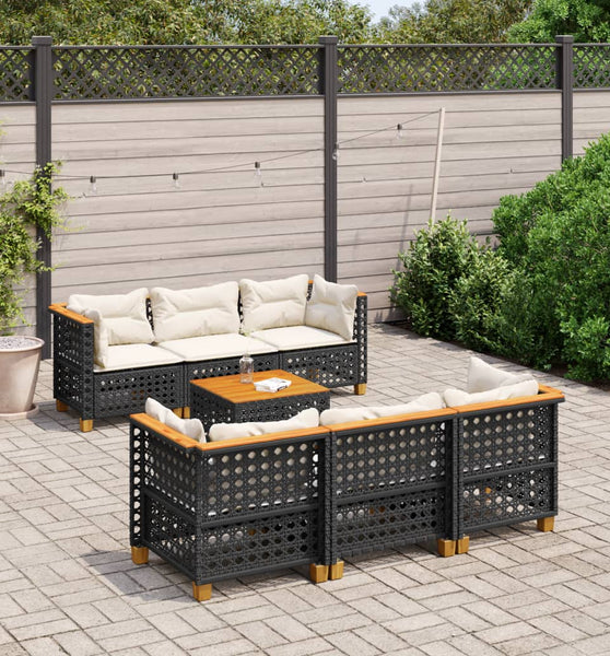 7-tlg. Garten-Sofagarnitur mit Kissen Schwarz Poly Rattan