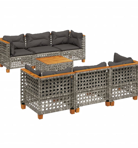 7-tlg. Garten-Sofagarnitur mit Kissen Grau Poly Rattan
