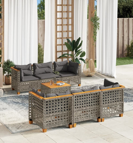 7-tlg. Garten-Sofagarnitur mit Kissen Grau Poly Rattan