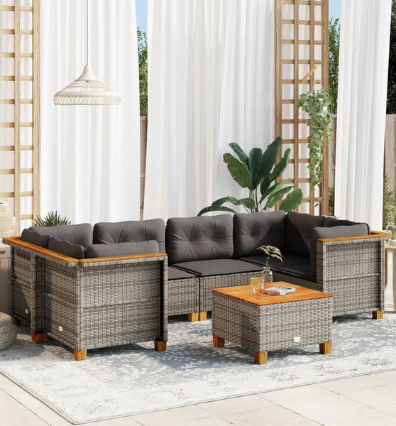 7-tlg. Garten-Sofagarnitur mit Kissen Grau Poly Rattan