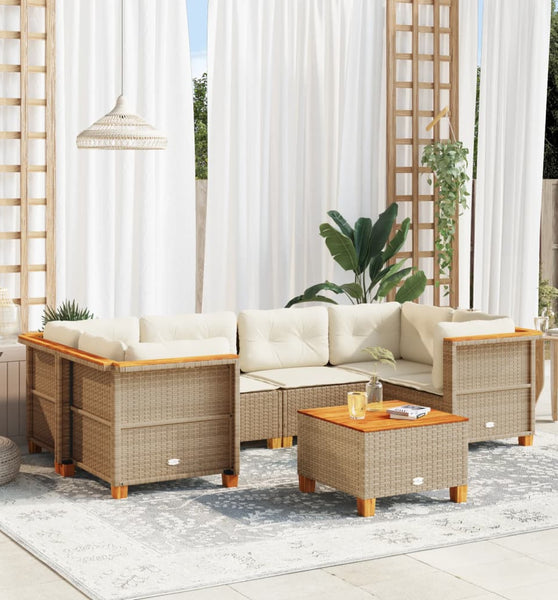 7-tlg. Garten-Sofagarnitur mit Kissen Beige Poly Rattan