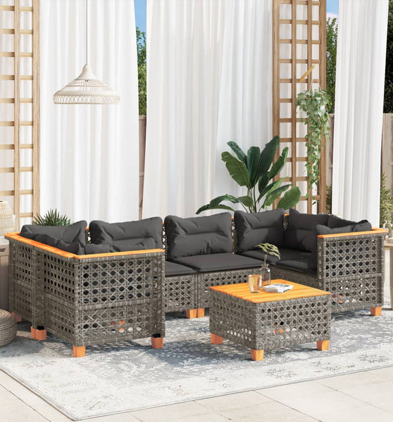 7-tlg. Garten-Sofagarnitur mit Kissen Grau Poly Rattan