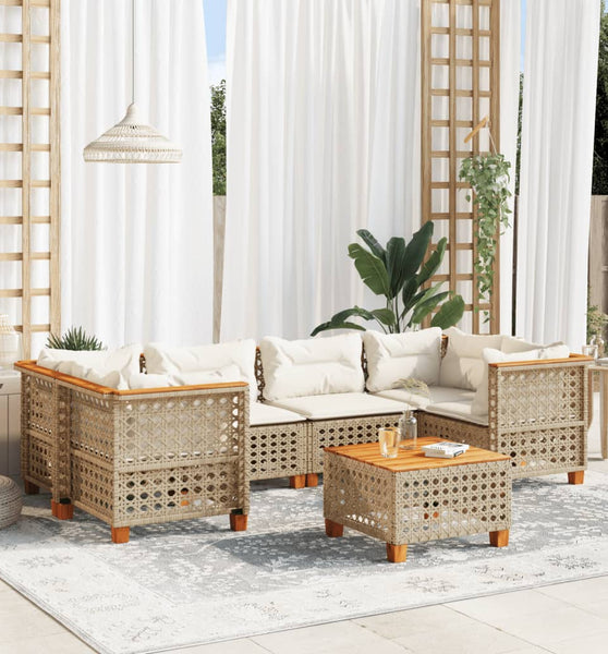 7-tlg. Garten-Sofagarnitur mit Kissen Beige Poly Rattan