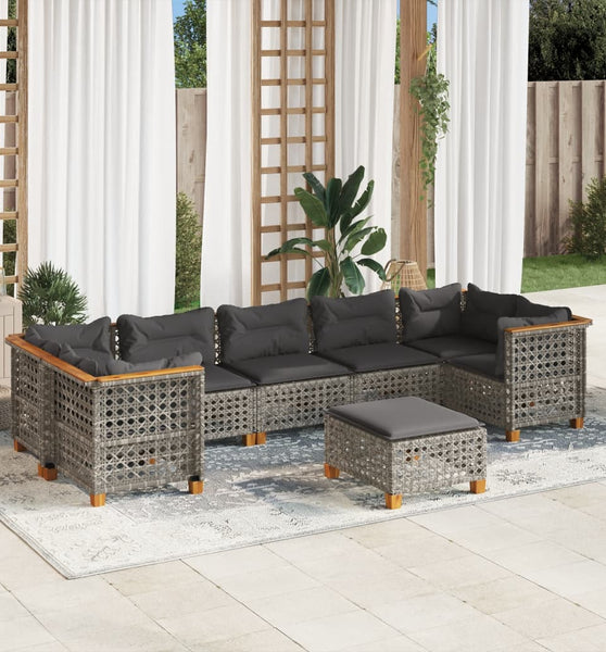 8-tlg. Garten-Sofagarnitur mit Kissen Grau Poly Rattan